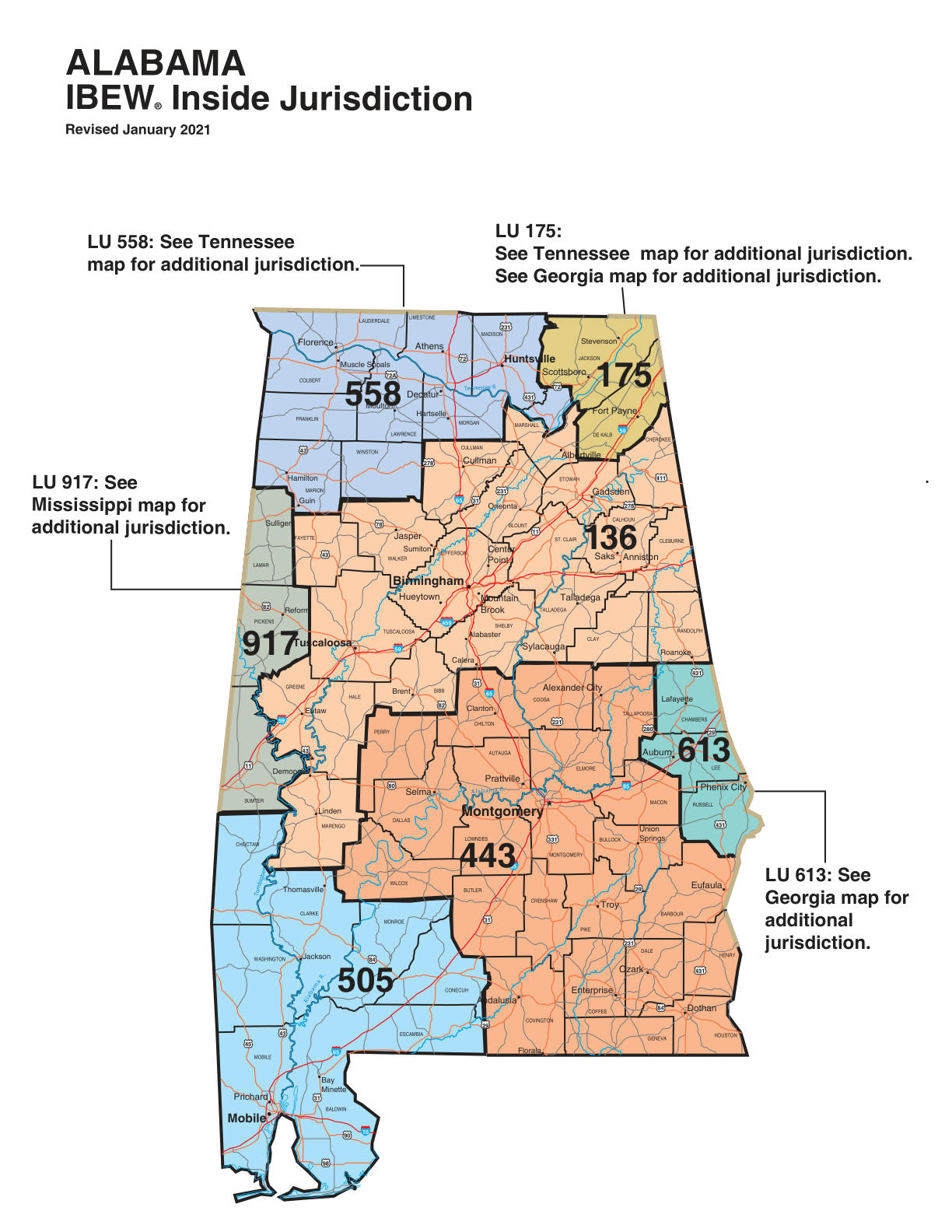IBEW inside construction jurisdiction map of Alabama, with Local 613's area circled