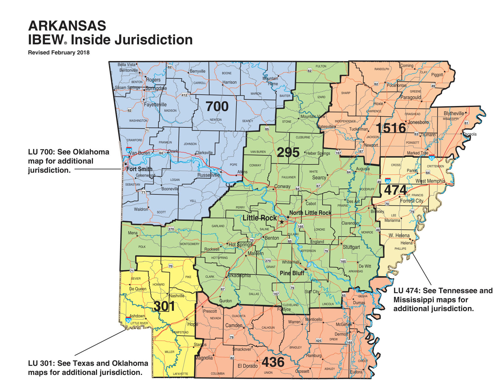 IBEW inside construction jurisdiction map of Arkansas, with Local 700's area circled