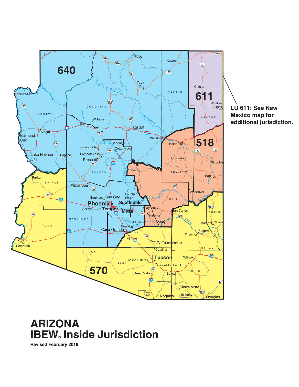 IBEW inside construction jurisdiction map of Arizona, with Local 640's area circled