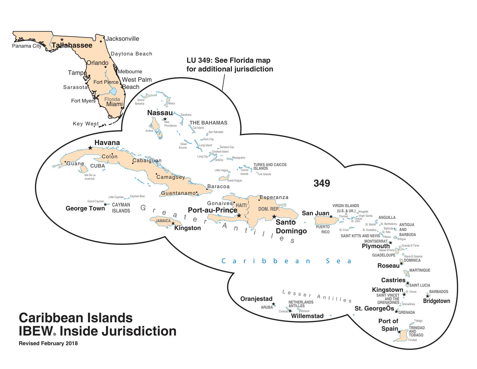 IBEW inside construction jurisdiction map of Caribbean, with Local 349's area circled