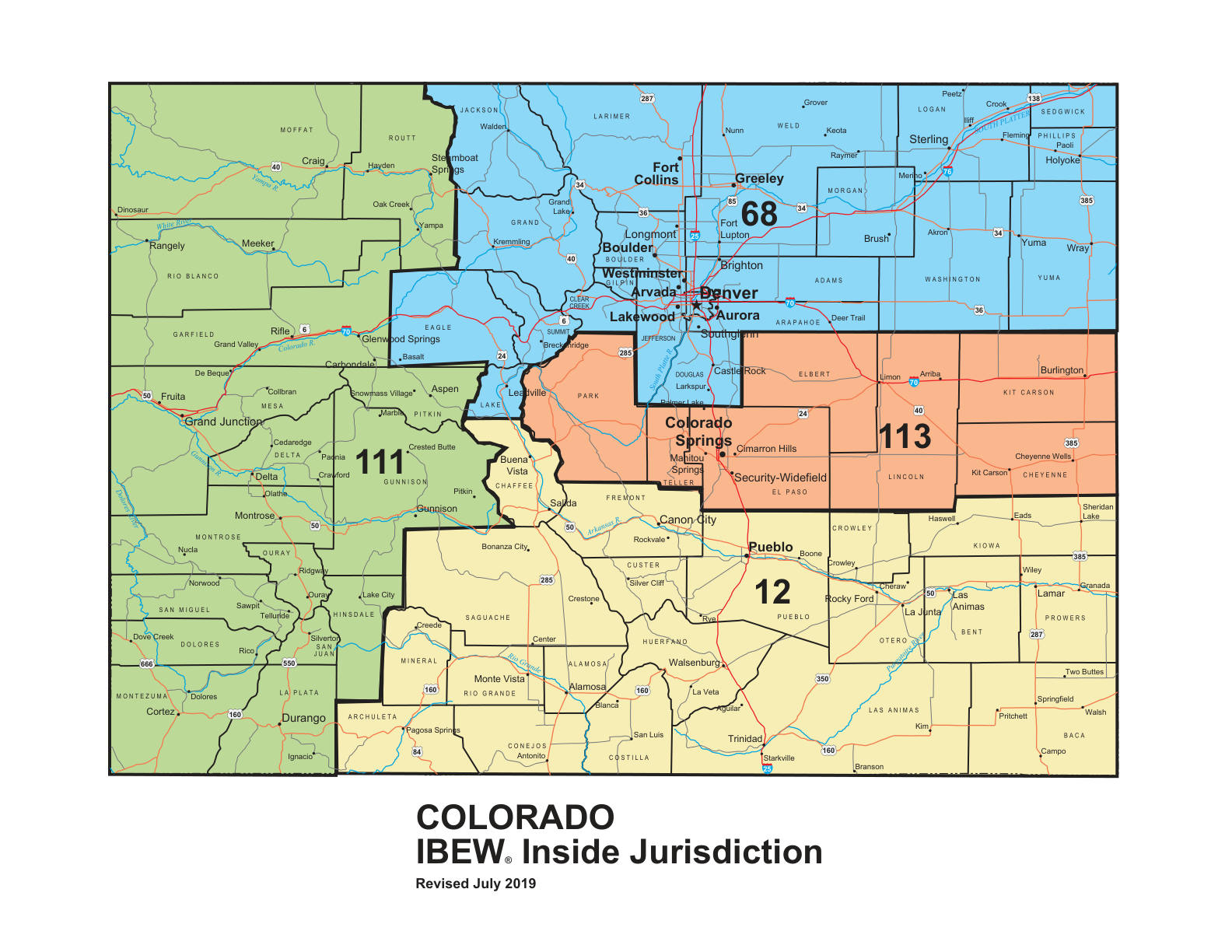 IBEW inside construction jurisdiction map of Colorado, with Local 113's area circled
