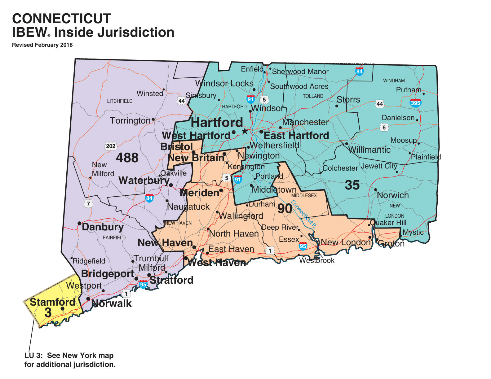 IBEW inside construction jurisdiction map of Connecticut, with Local 35's area circled