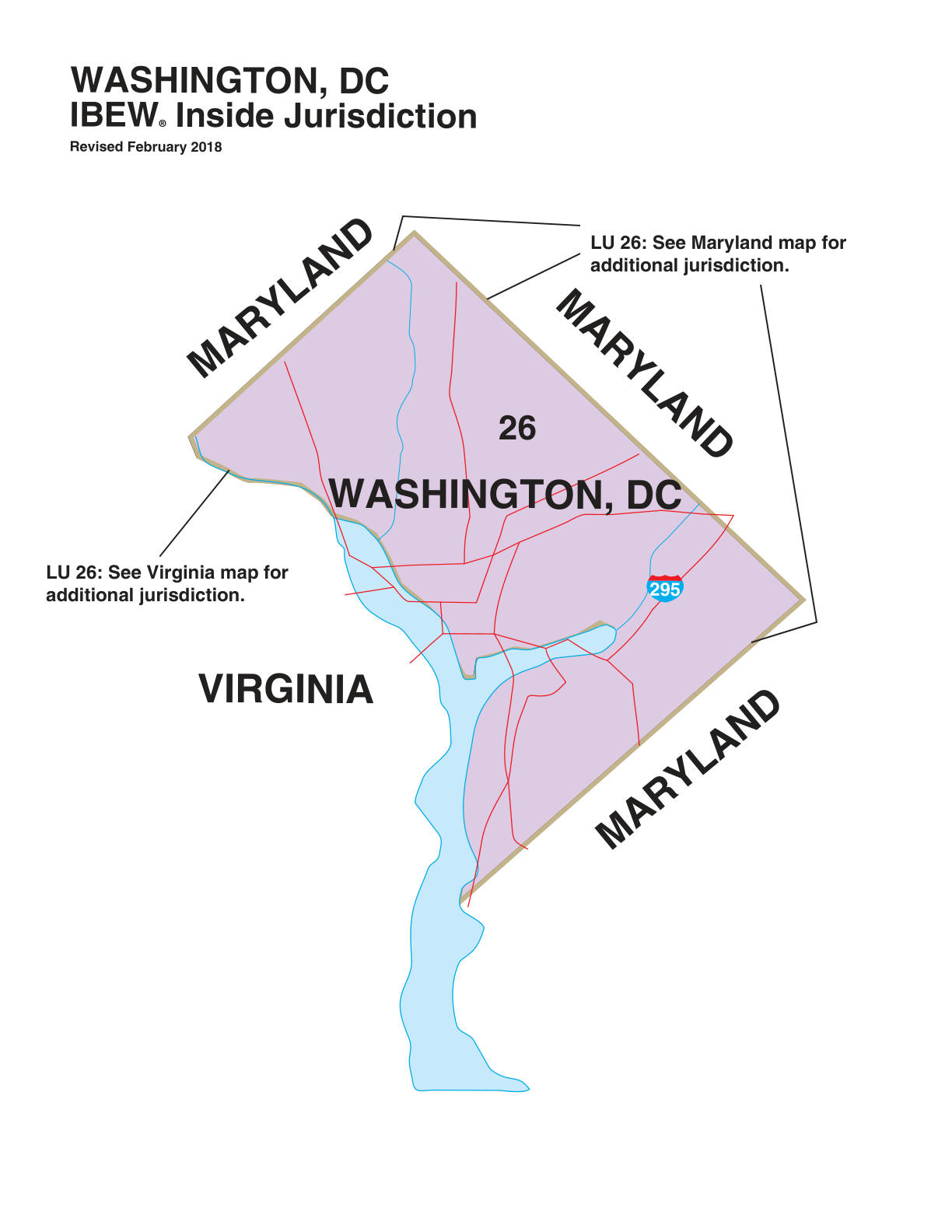 IBEW inside construction jurisdiction map of Washington, D.C., with Local 26's area circled
