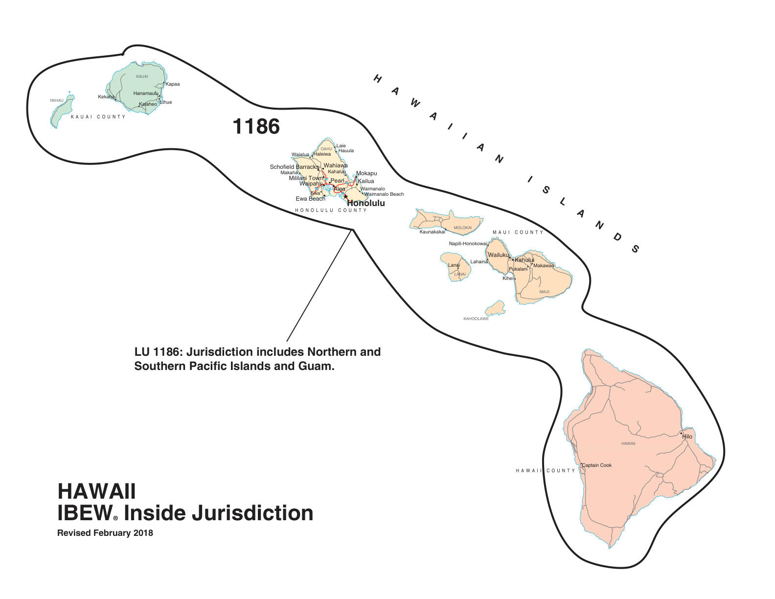 IBEW inside construction jurisdiction map of Hawaii, with Local 1186's area circled
