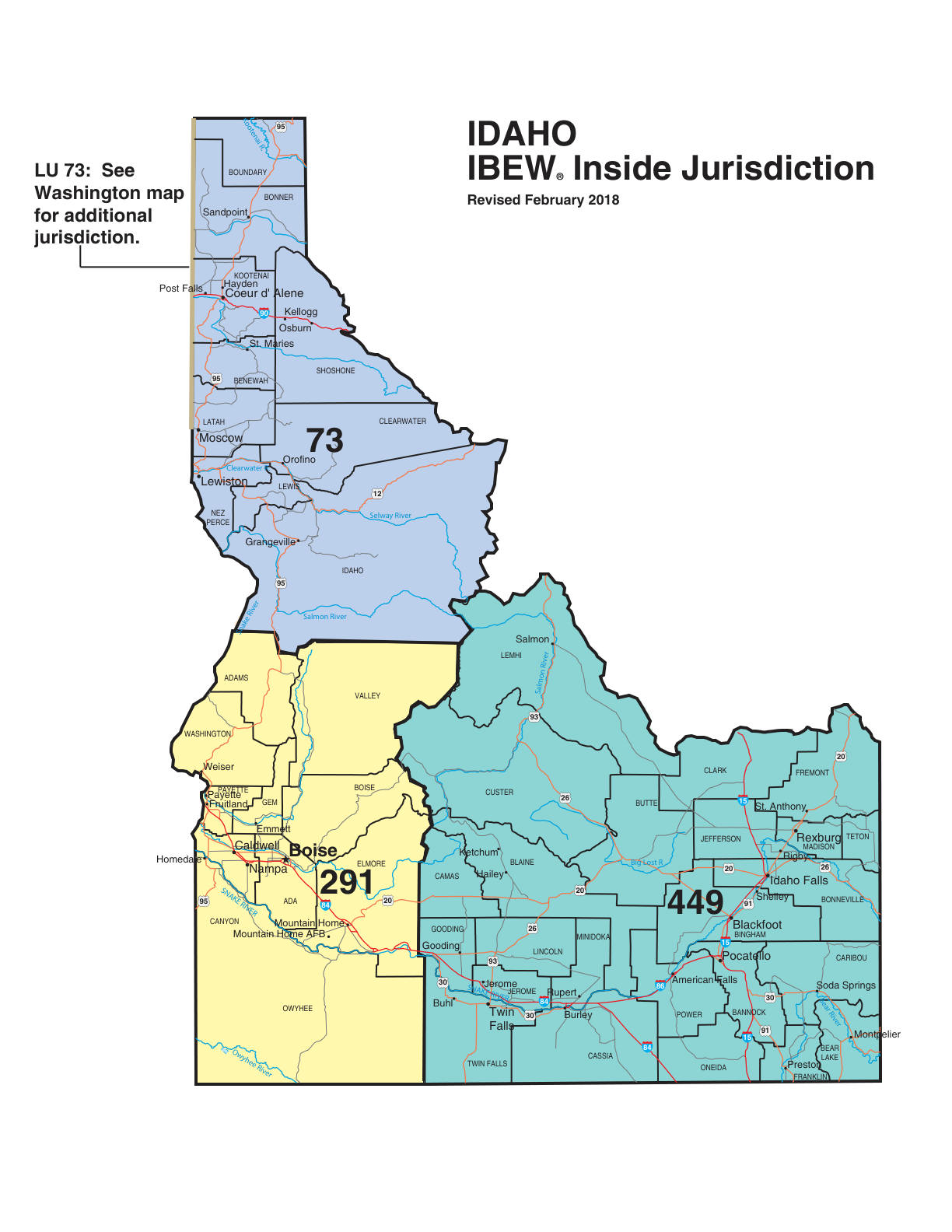 IBEW inside construction jurisdiction map of Idaho, with Local 449's area circled