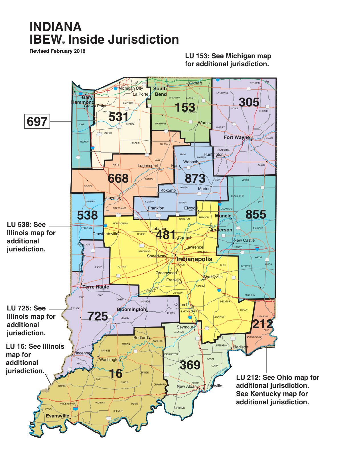 IBEW inside construction jurisdiction map of Indiana, with Local 855's area circled
