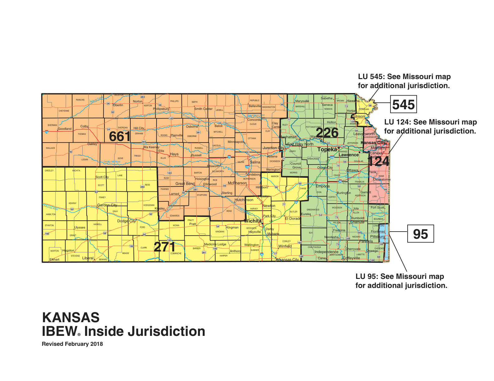 IBEW inside construction jurisdiction map of Kansas, with Local 95's area circled