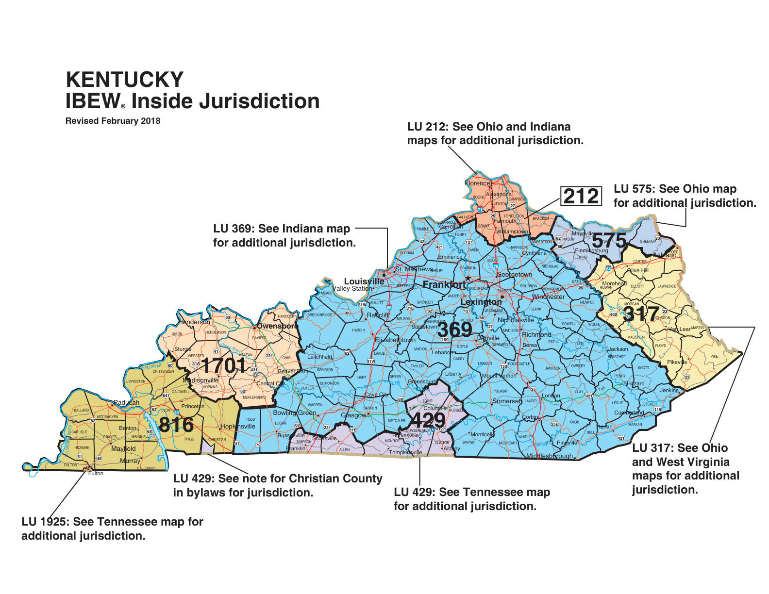 IBEW inside construction jurisdiction map of Kentucky, with Local 369's area circled