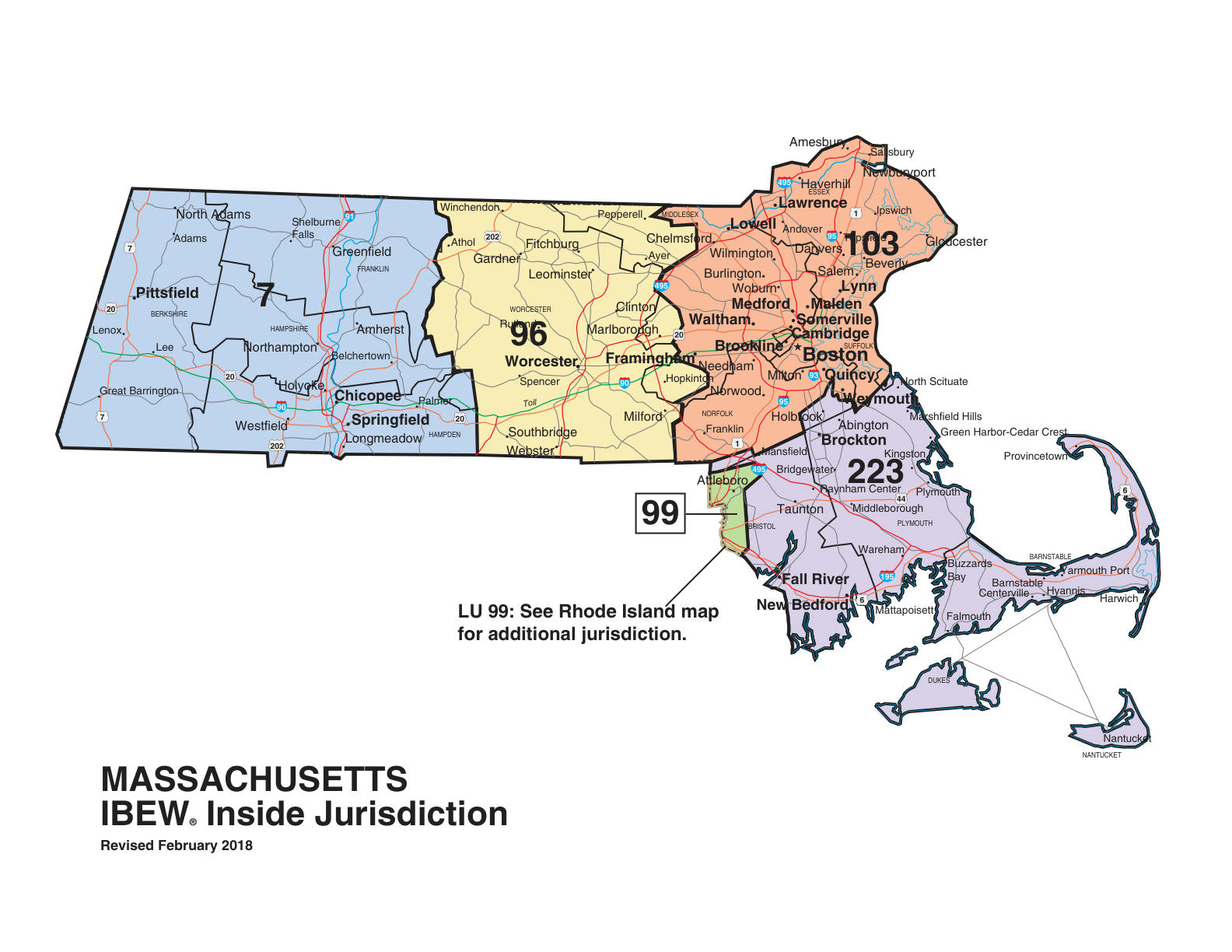 IBEW inside construction jurisdiction map of Massachusetts, with Local 7's area circled
