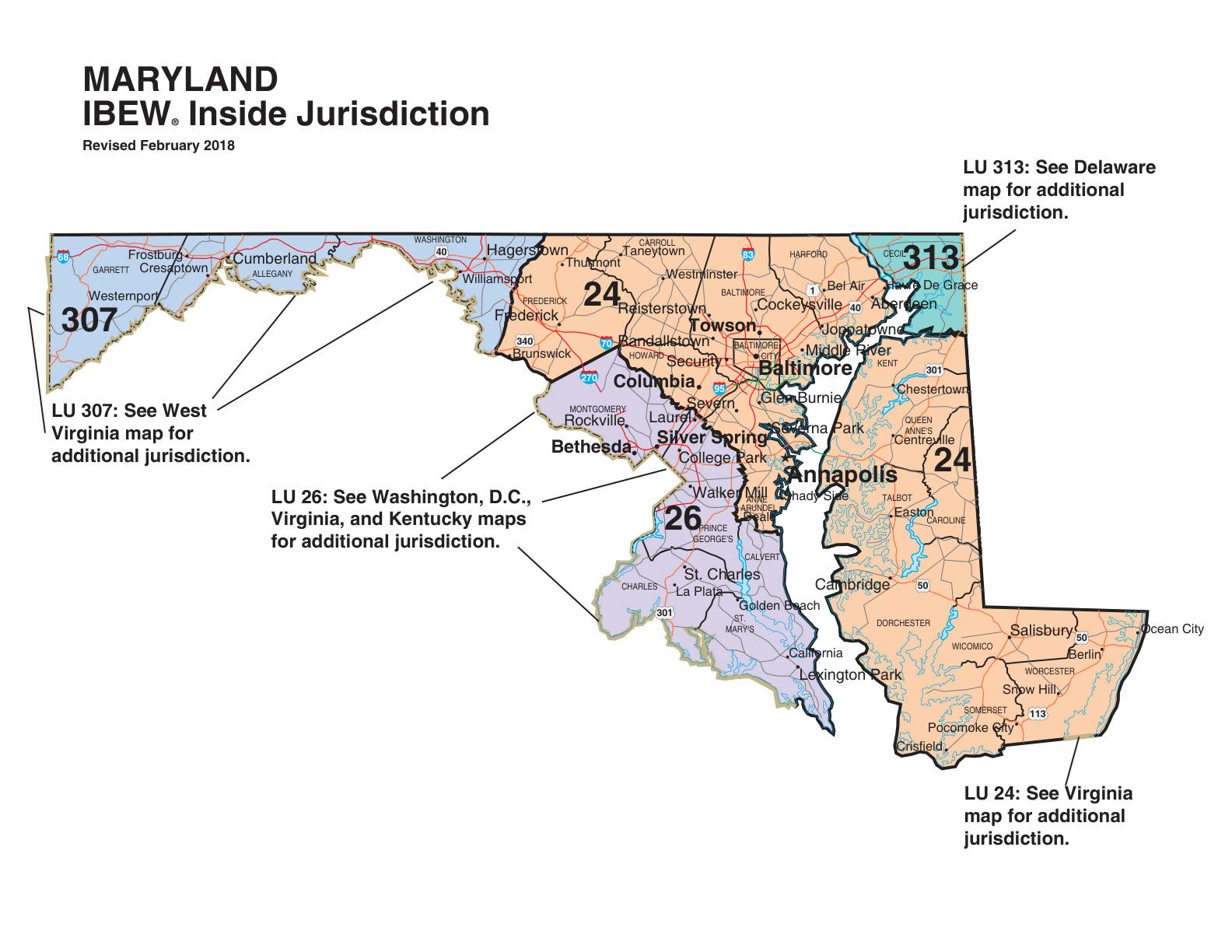 IBEW inside construction jurisdiction map of Maryland, with Local 26's area circled