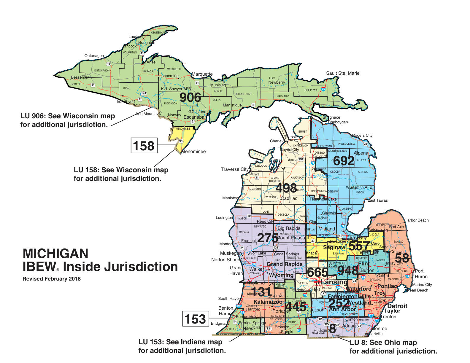 IBEW inside construction jurisdiction map of Michigan, with Local 445's area circled
