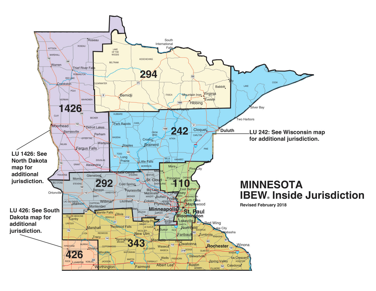 IBEW inside construction jurisdiction map of Minnesota, with Local 110's area circled