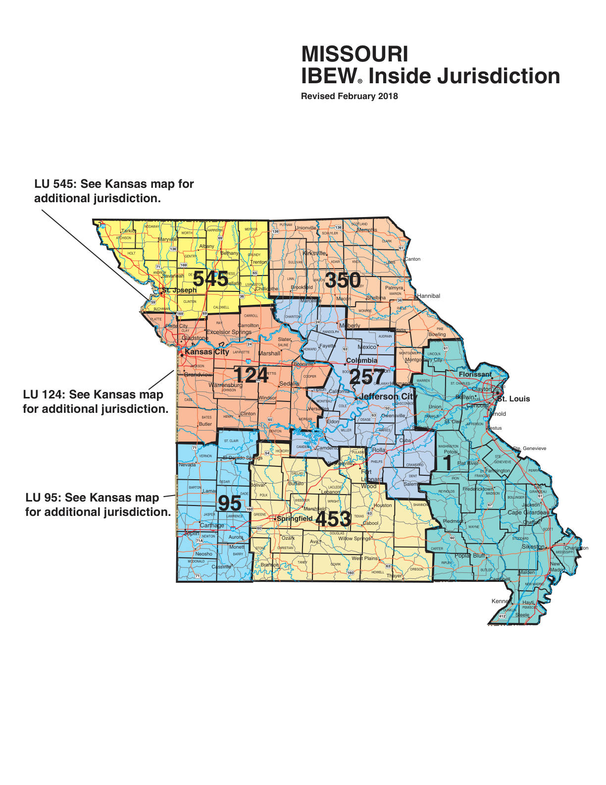 IBEW inside construction jurisdiction map of Missouri, with Local 95's area circled