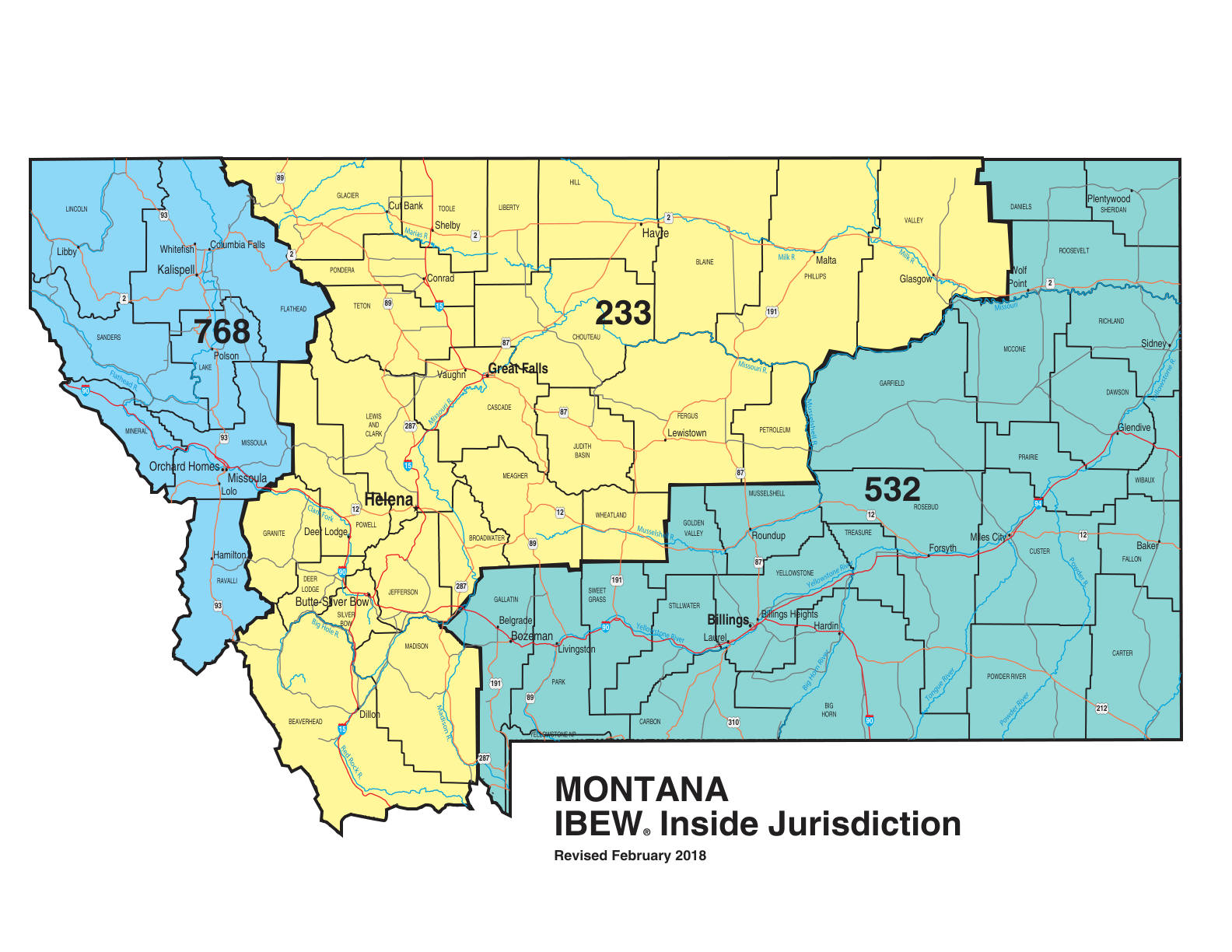 IBEW inside construction jurisdiction map of Montana, with Local 233's area circled