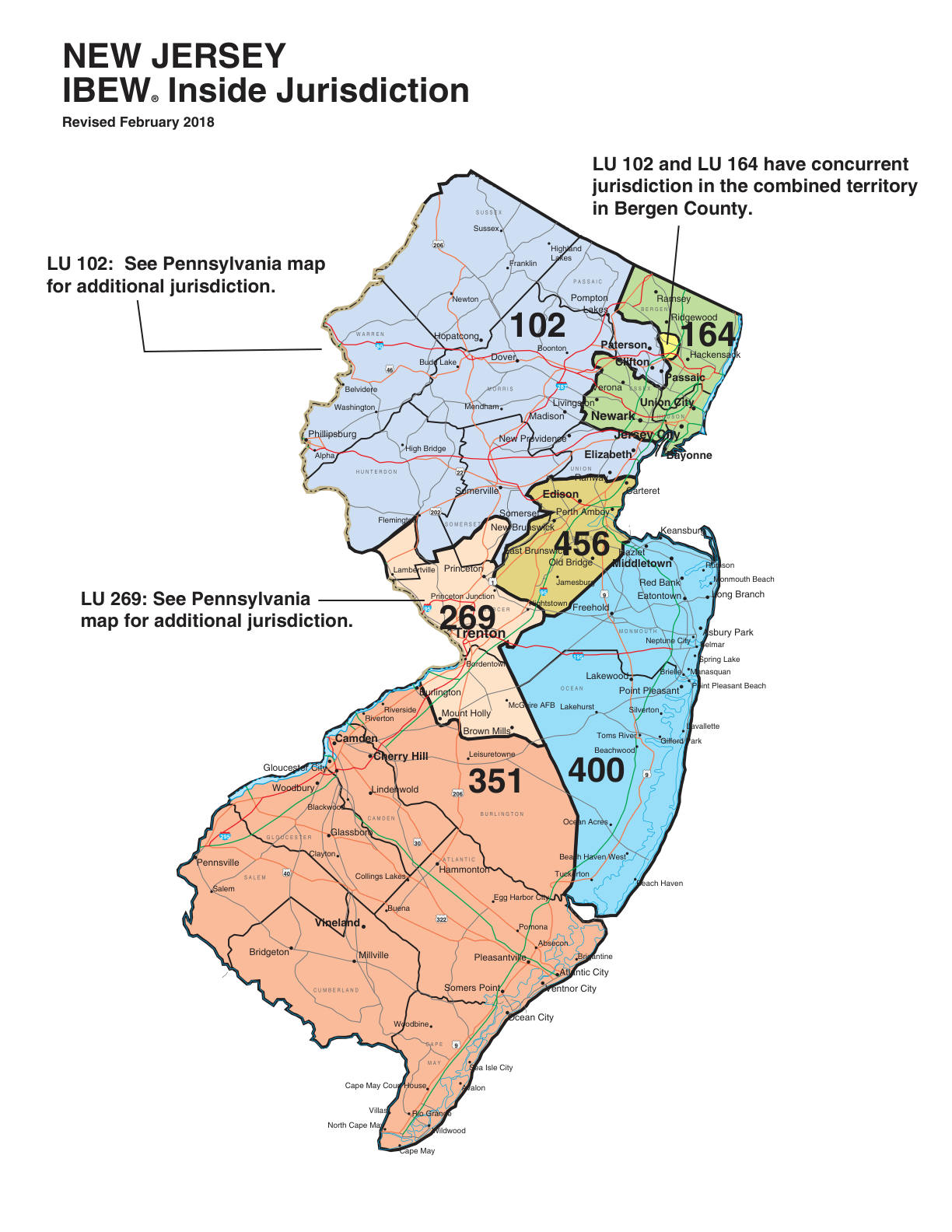 IBEW inside construction jurisdiction map of New Jersey, with Local 102's area circled
