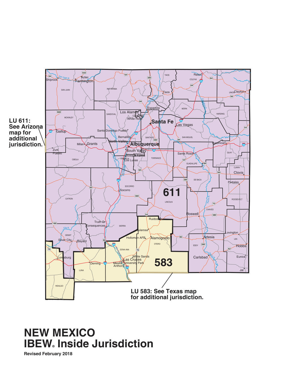 IBEW inside construction jurisdiction map of New Mexico, with Local 583's area circled