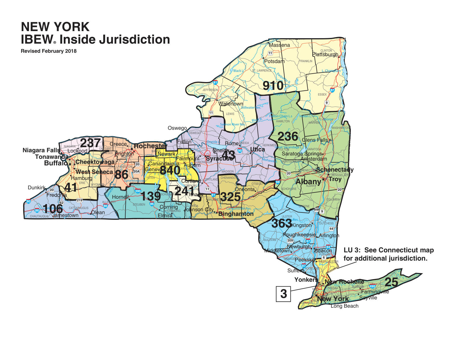 IBEW inside construction jurisdiction map of New York, with Local 86's area circled