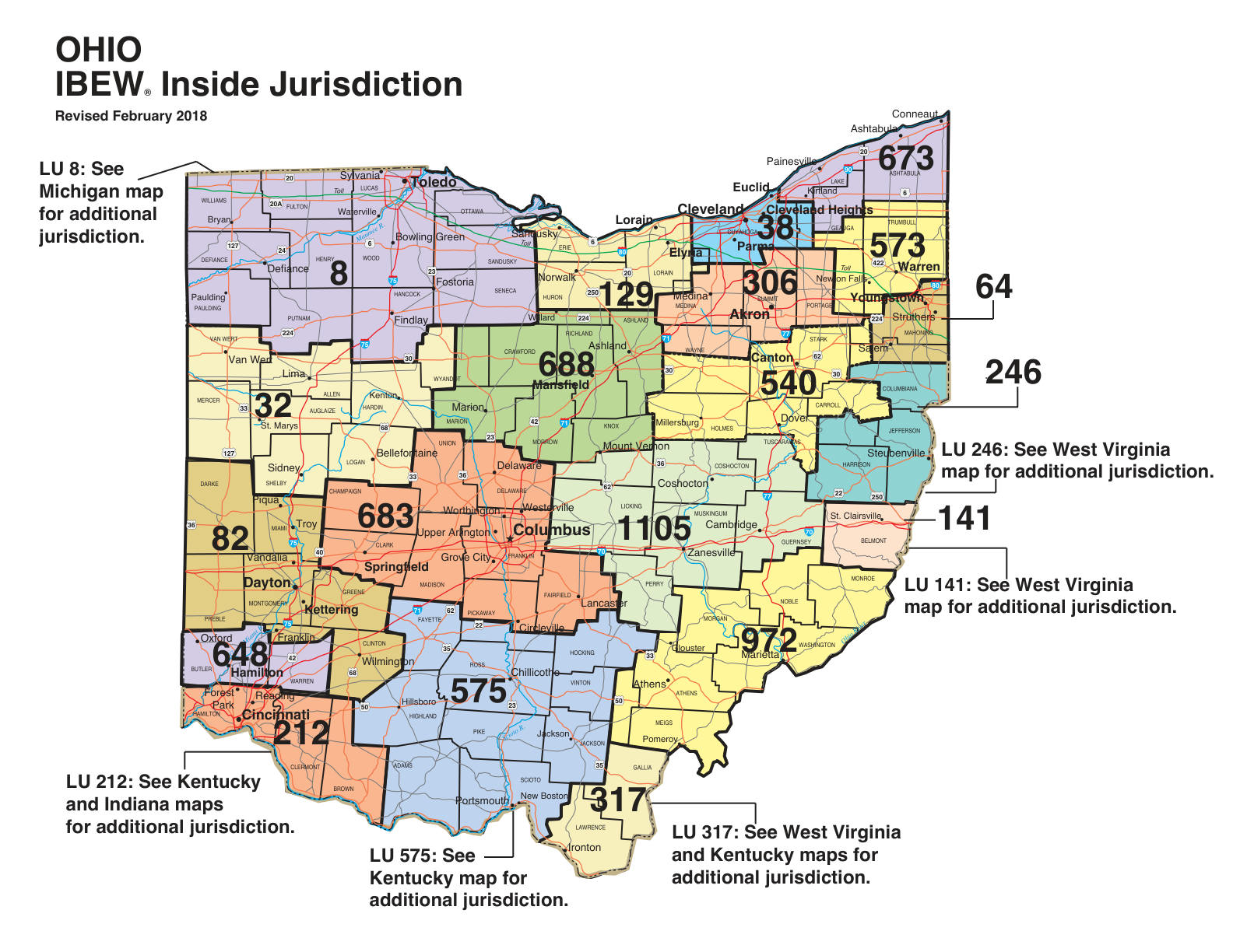IBEW inside construction jurisdiction map of Ohio, with Local 64's area circled