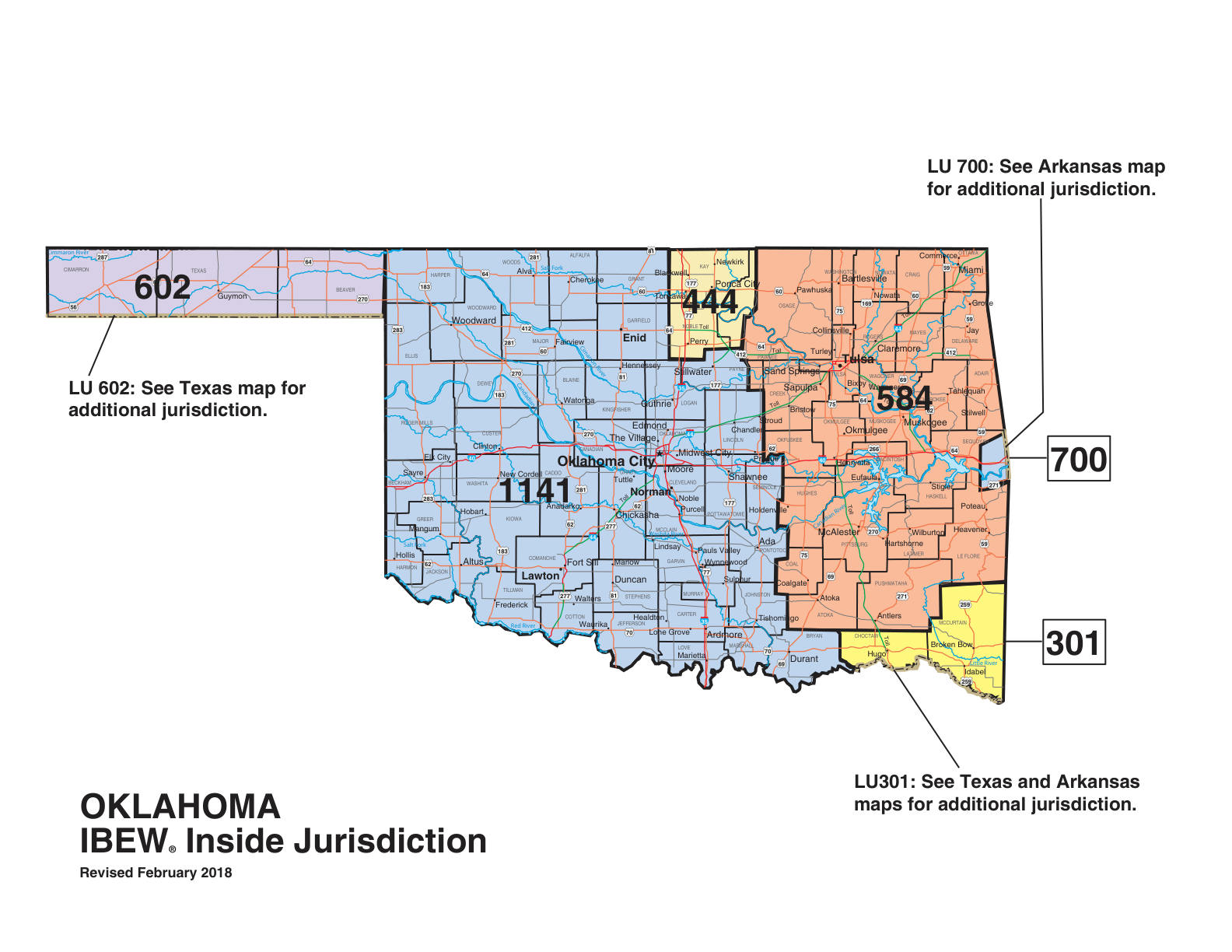IBEW inside construction jurisdiction map of Oklahoma, with Local 700's area circled