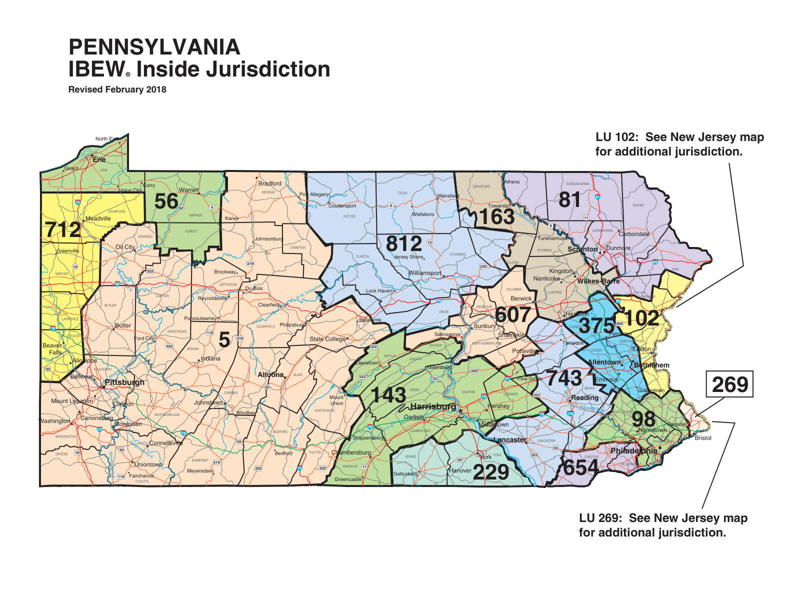 IBEW inside construction jurisdiction map of Pennsylvania, with Local 375's area circled
