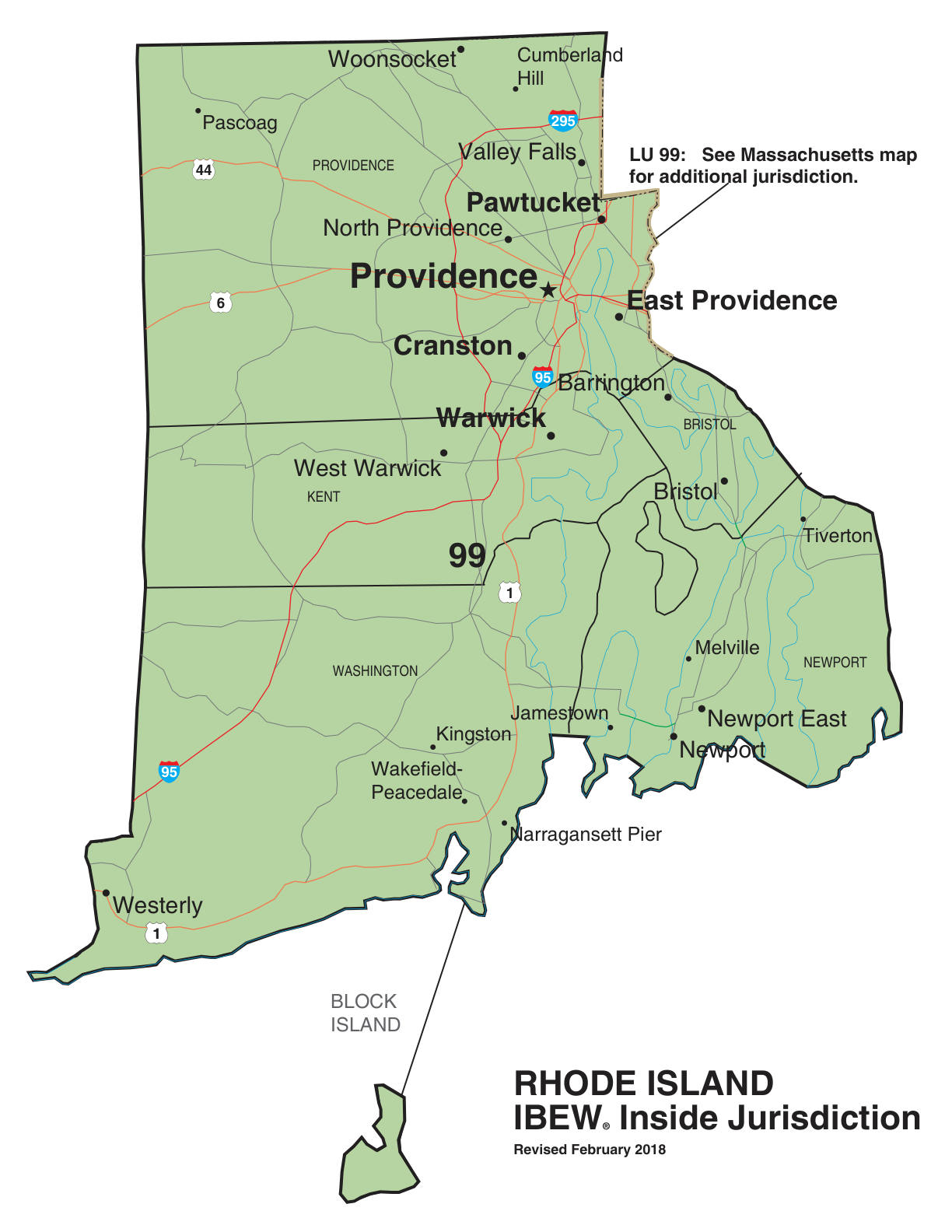 IBEW inside construction jurisdiction map of Rhode Island, with Local 99's area circled