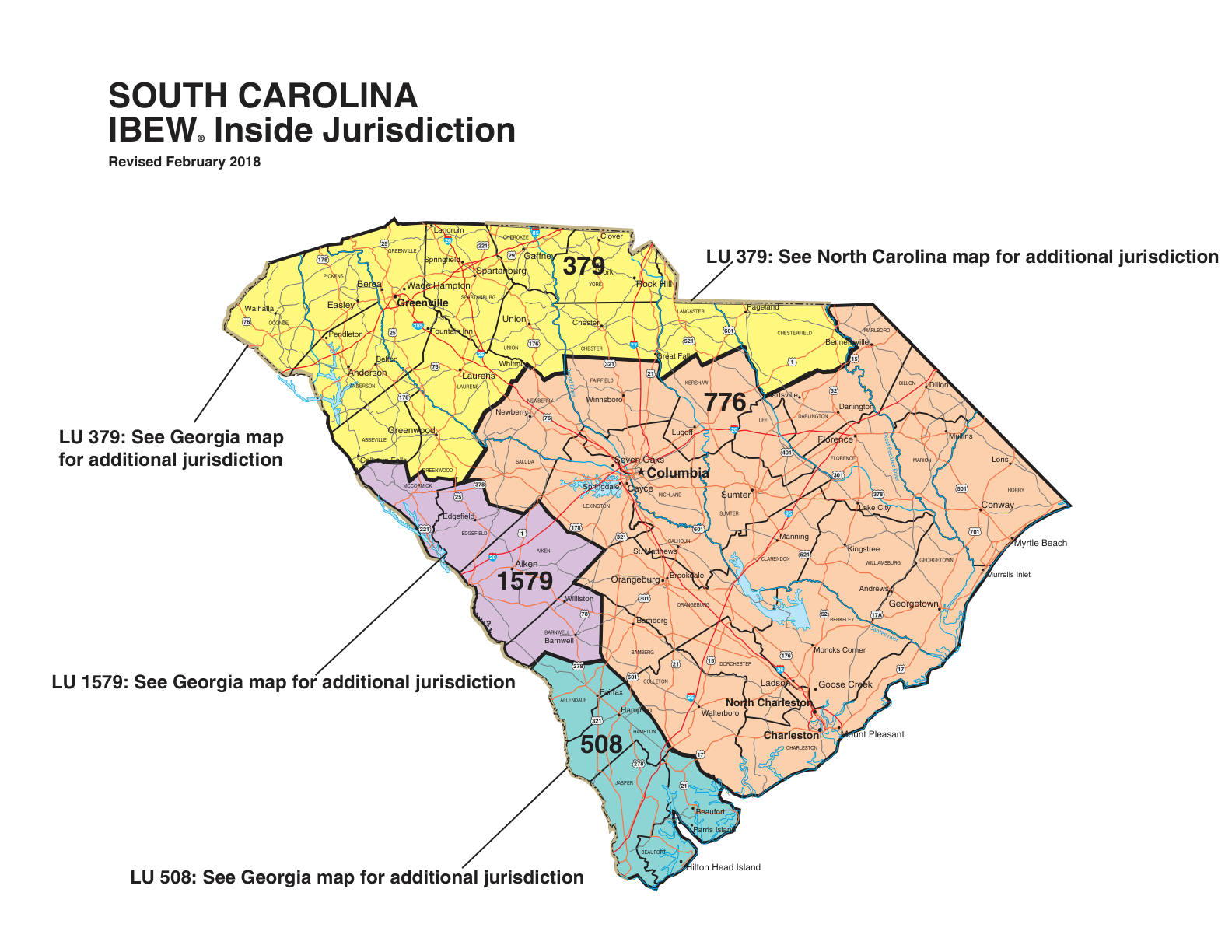 IBEW inside construction jurisdiction map of South Carolina, with Local 508's area circled