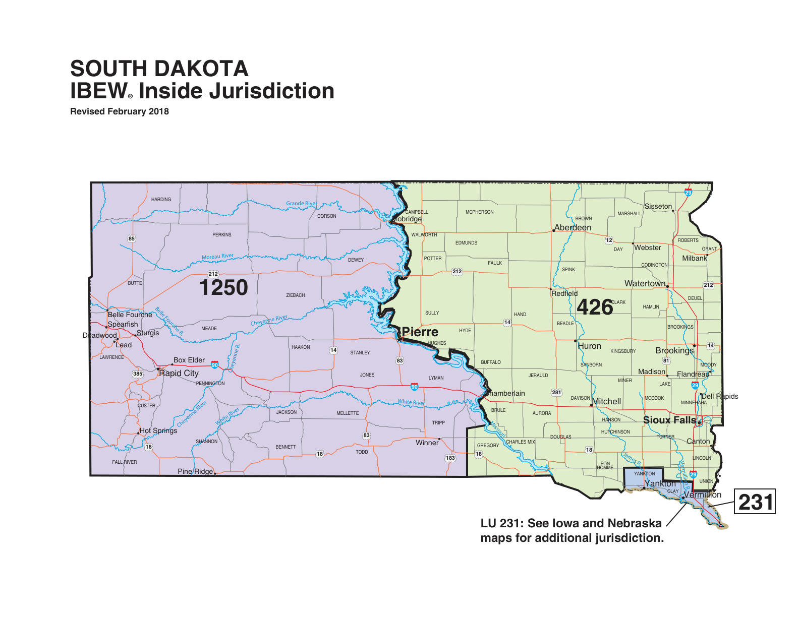 IBEW inside construction jurisdiction map of South Dakota, with Local 231's area circled