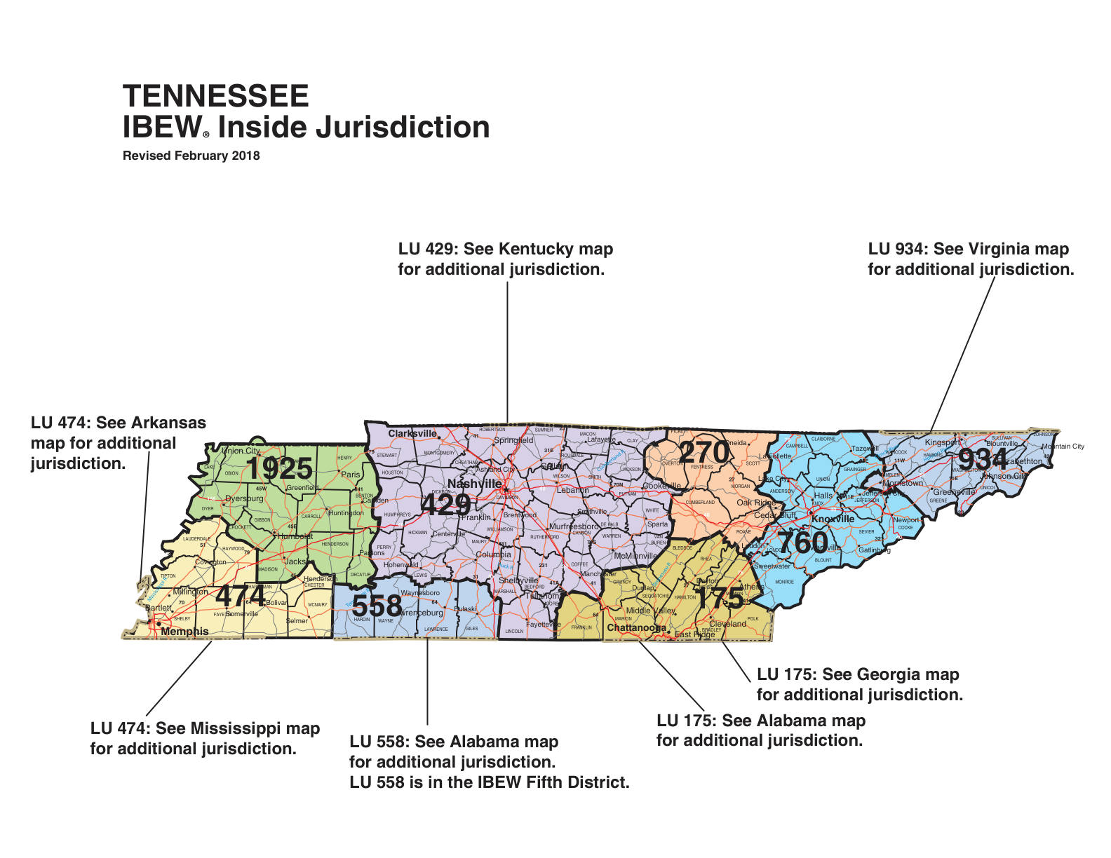IBEW inside construction jurisdiction map of Tennessee, with Local 1925's area circled
