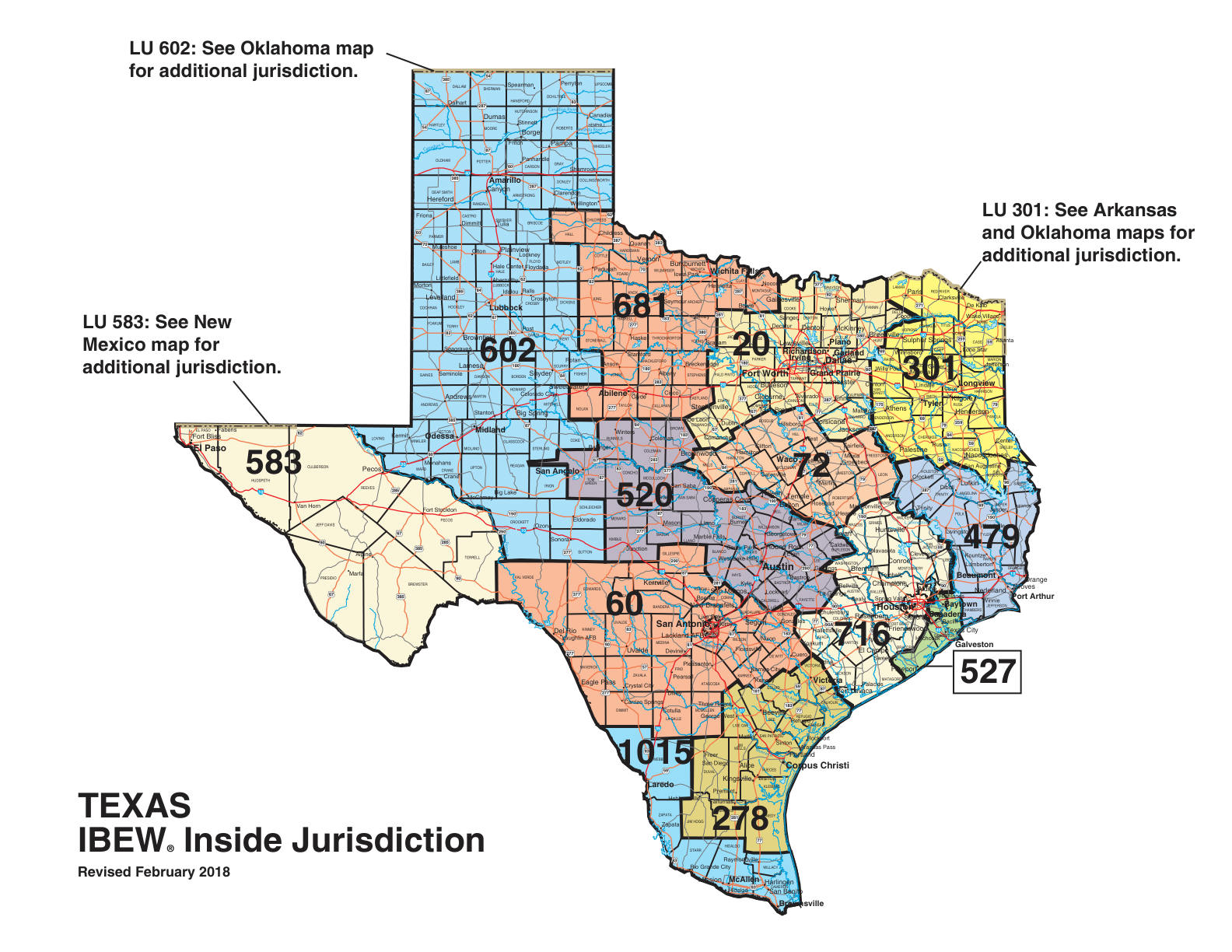 IBEW inside construction jurisdiction map of Texas, with Local 60's area circled
