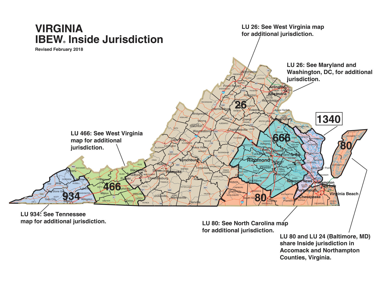 IBEW inside construction jurisdiction map of Virginia, with Local 26's area circled