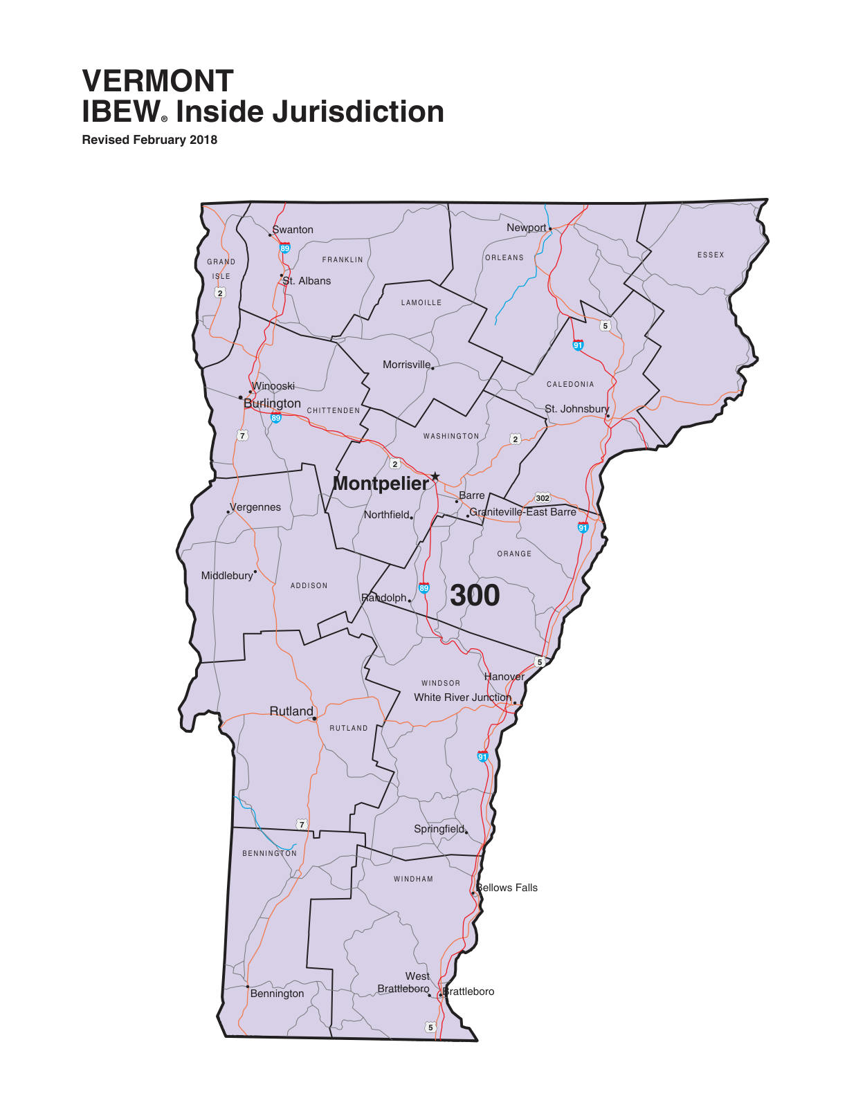 IBEW inside construction jurisdiction map of Vermont, with Local 300's area circled