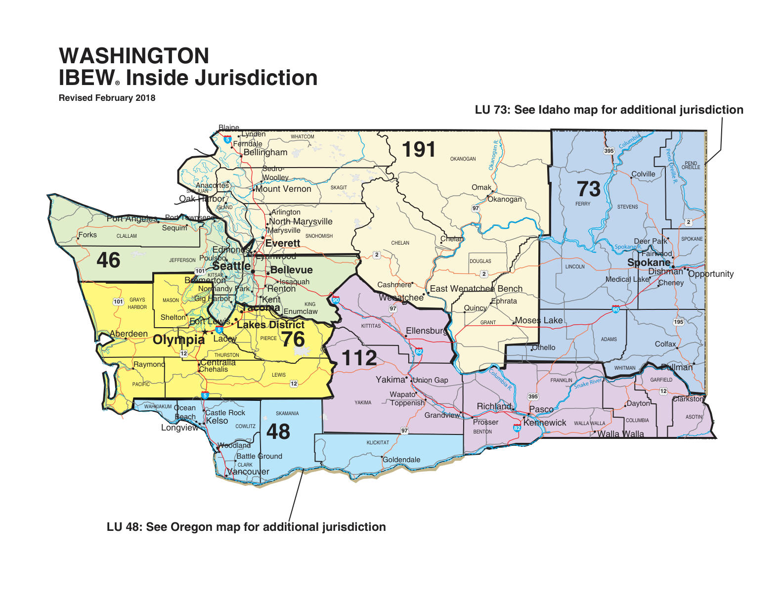 IBEW inside construction jurisdiction map of Washington, with Local 191's area circled