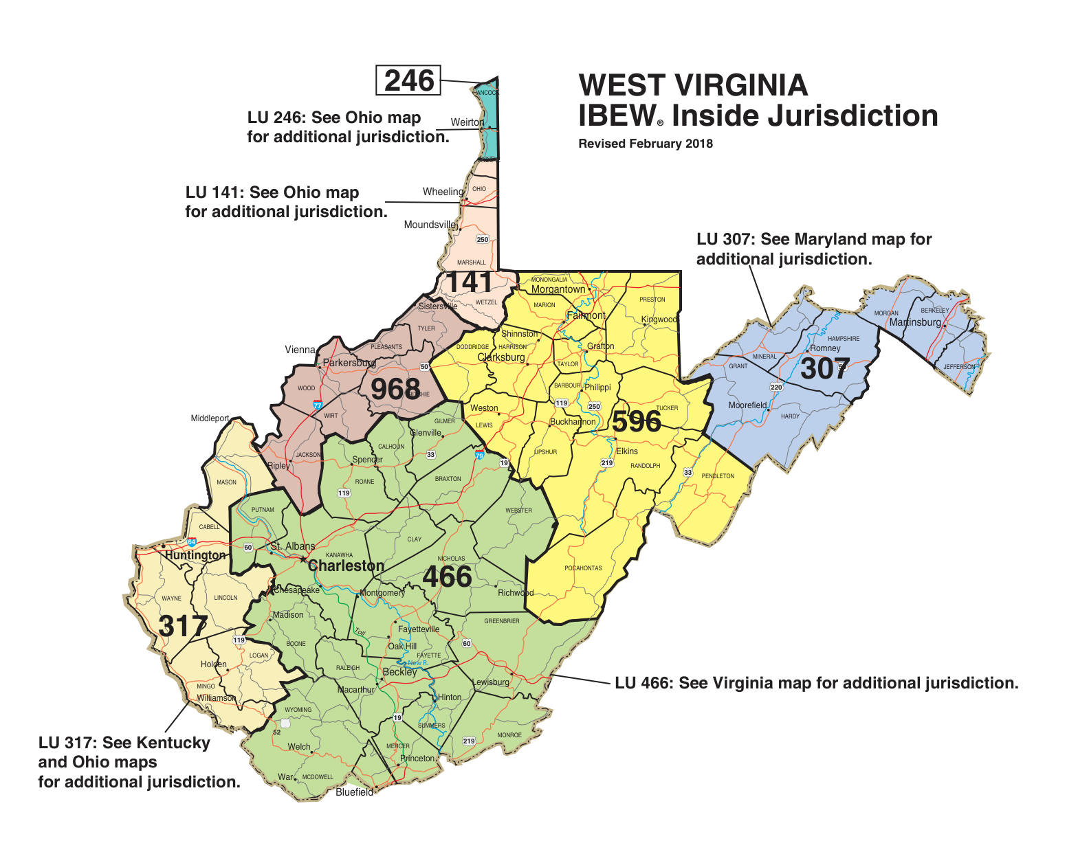 IBEW inside construction jurisdiction map of West Virginia, with Local 596's area circled