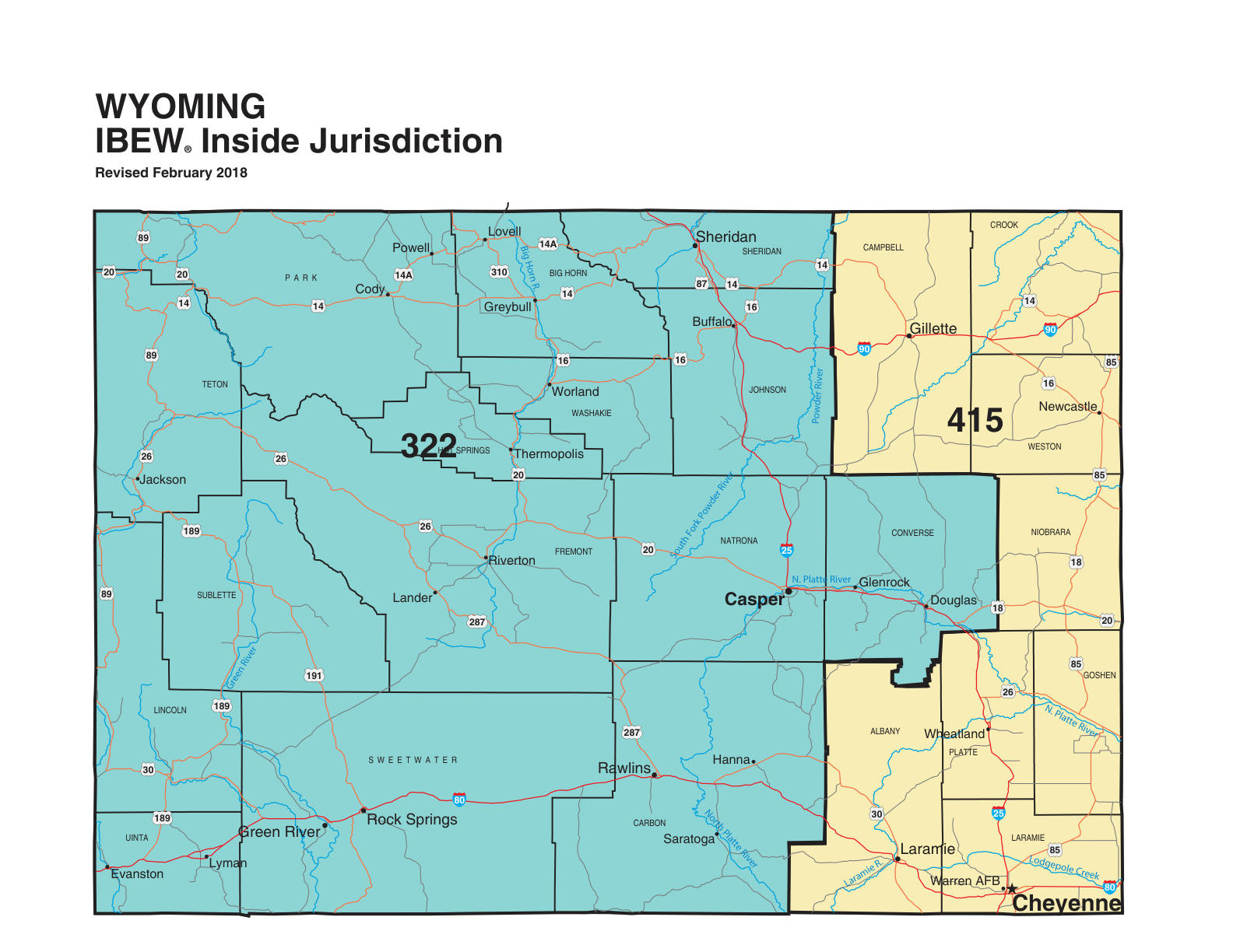 IBEW inside construction jurisdiction map of Wyoming, with Local 415's area circled
